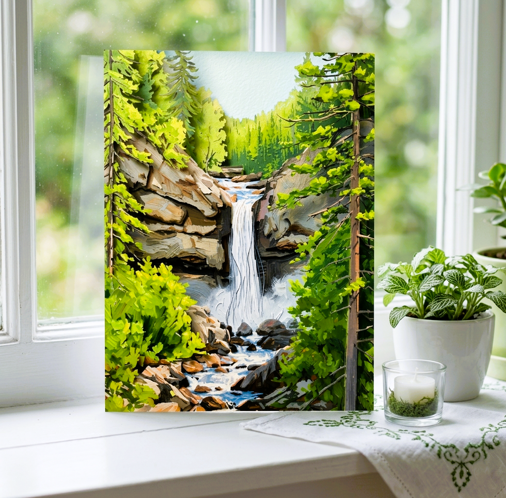 Note Card of a waterfall in a forest on a windowsill with a candle and plant.
