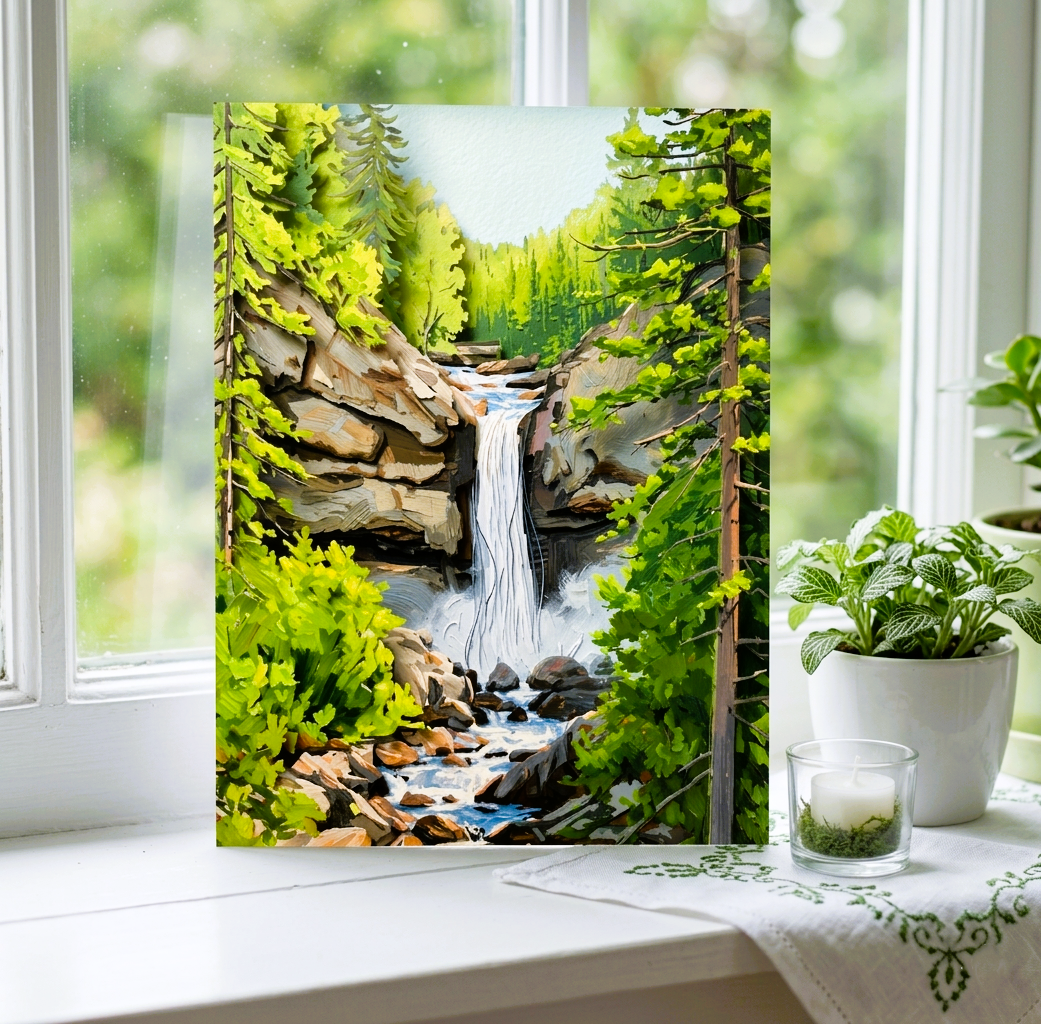 Note Card of a waterfall in a forest on a windowsill with a candle and plant.