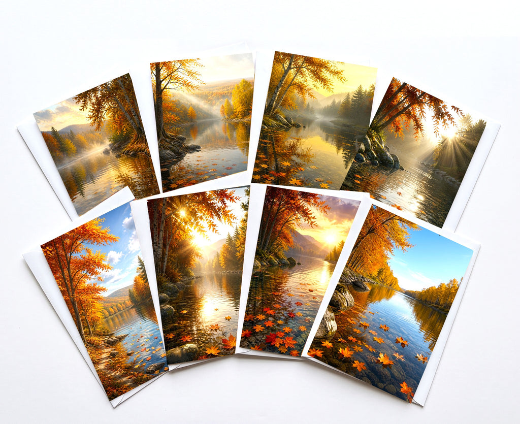 Autumn River Note Cards Set of 8, Fall Lake Landscape Blank Greeting Cards, Scenic Nature Foliage Stationery, 5x7 Cards with Envelopes
