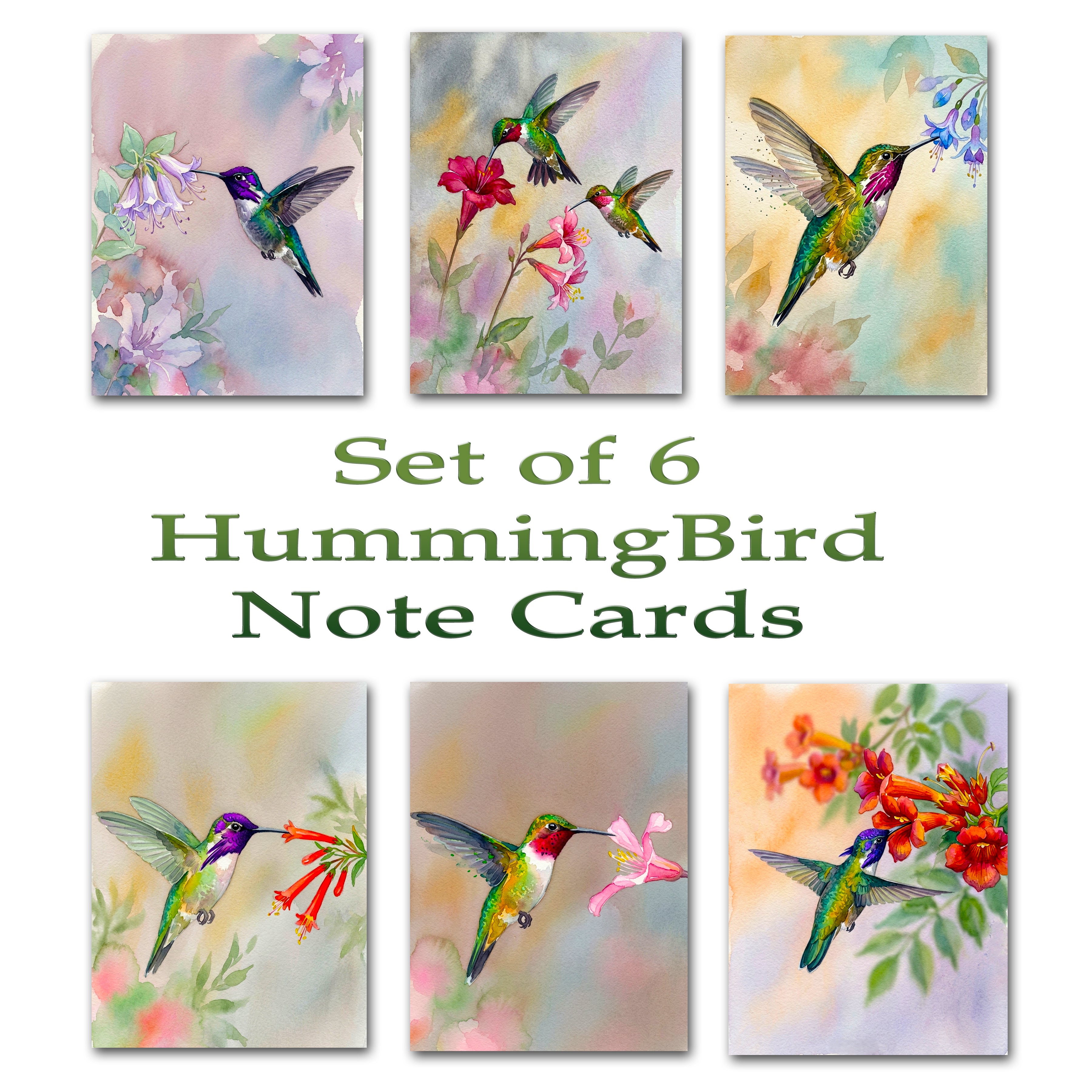 Watercolor Hummingbird Note Cards, Set of 6 Handmade 5x7 Floral Bird Greeting Cards