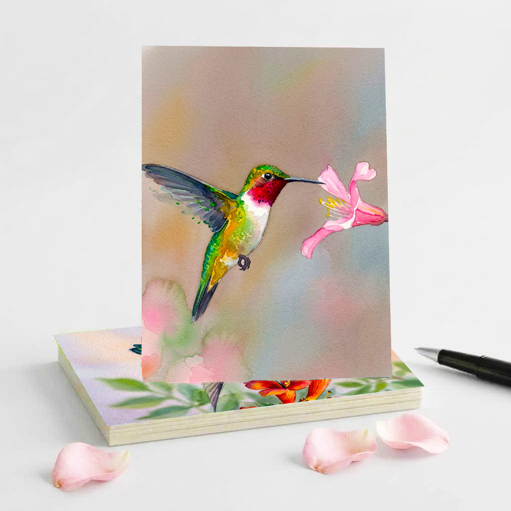 Watercolor Hummingbird Note Cards, Set of 6 Handmade 5x7 Floral Bird Greeting Cards