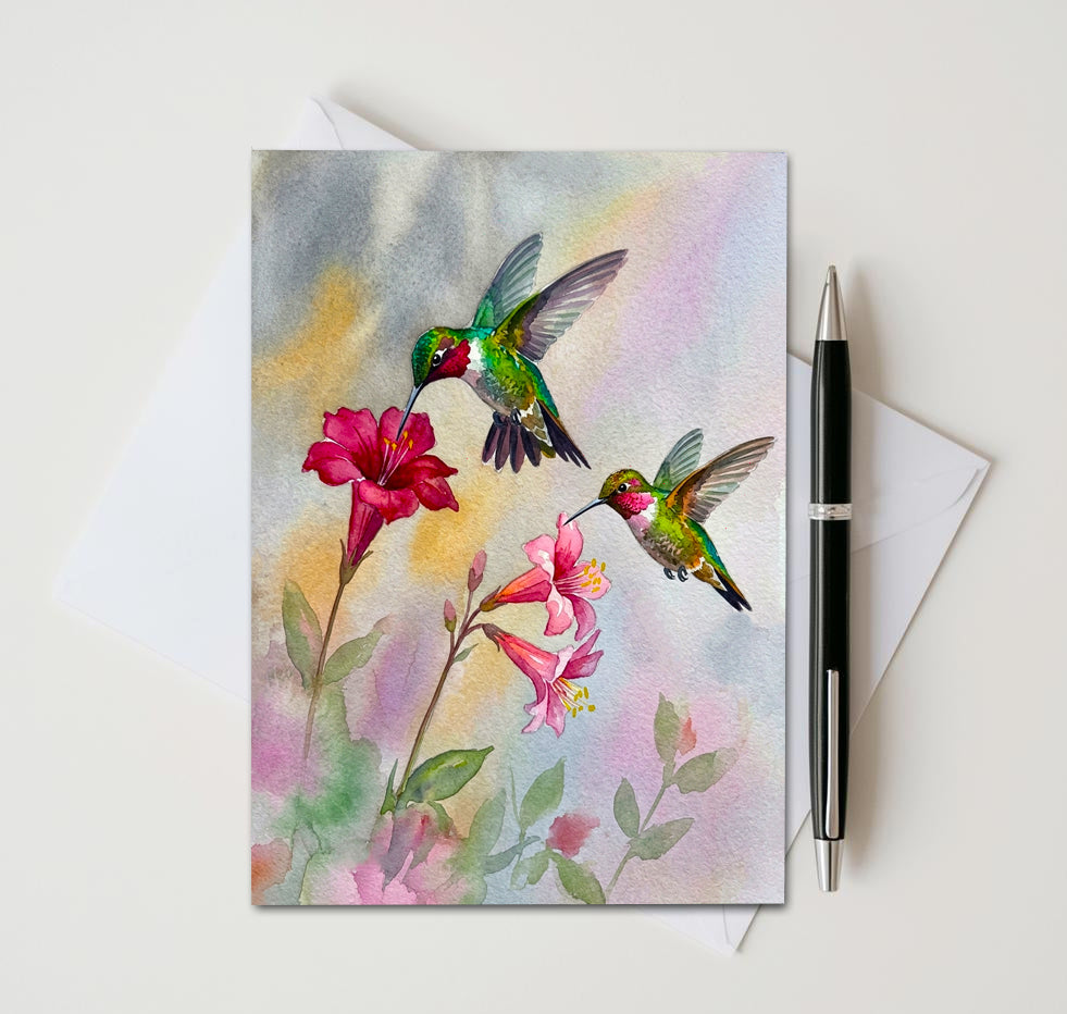 Watercolor Hummingbird Note Cards, Set of 6 Handmade 5x7 Floral Bird Greeting Cards