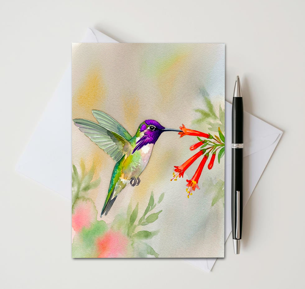 Watercolor Hummingbird Note Cards, Set of 6 Handmade 5x7 Floral Bird Greeting Cards