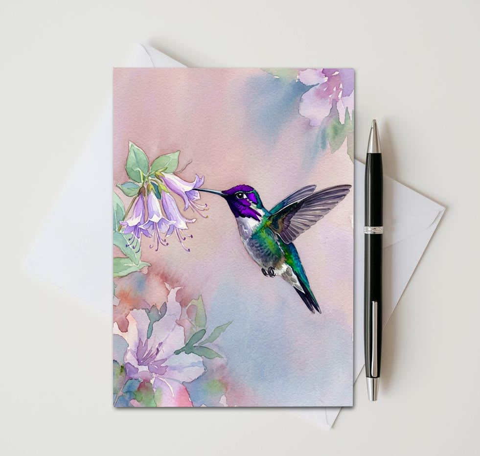Watercolor Hummingbird Note Cards, Set of 6 Handmade 5x7 Floral Bird Greeting Cards