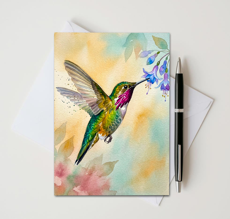 Watercolor Hummingbird Note Cards, Set of 6 Handmade 5x7 Floral Bird Greeting Cards