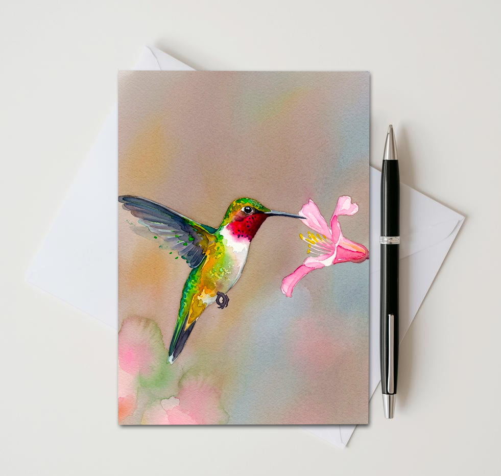 Watercolor Hummingbird Note Cards, Set of 6 Handmade 5x7 Floral Bird Greeting Cards