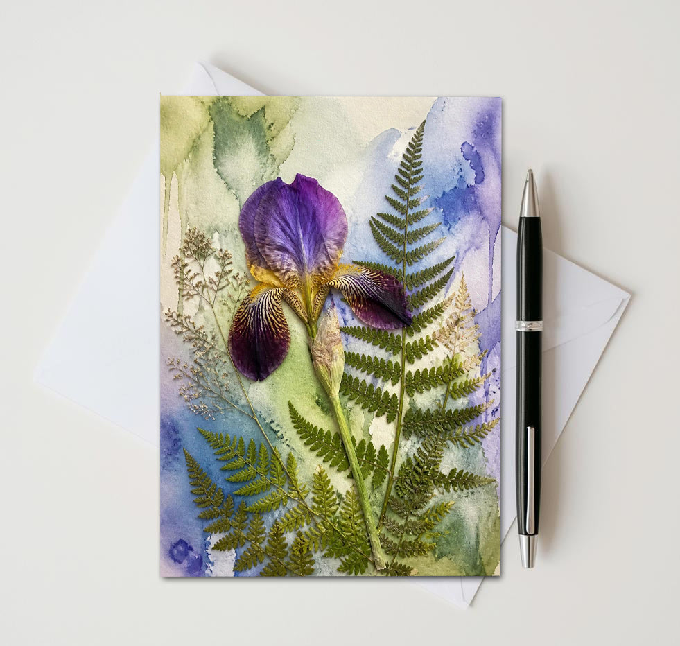 Purple Iris & Wild Fern Note Card, Handmade 5x7 Botanical Greeting Card