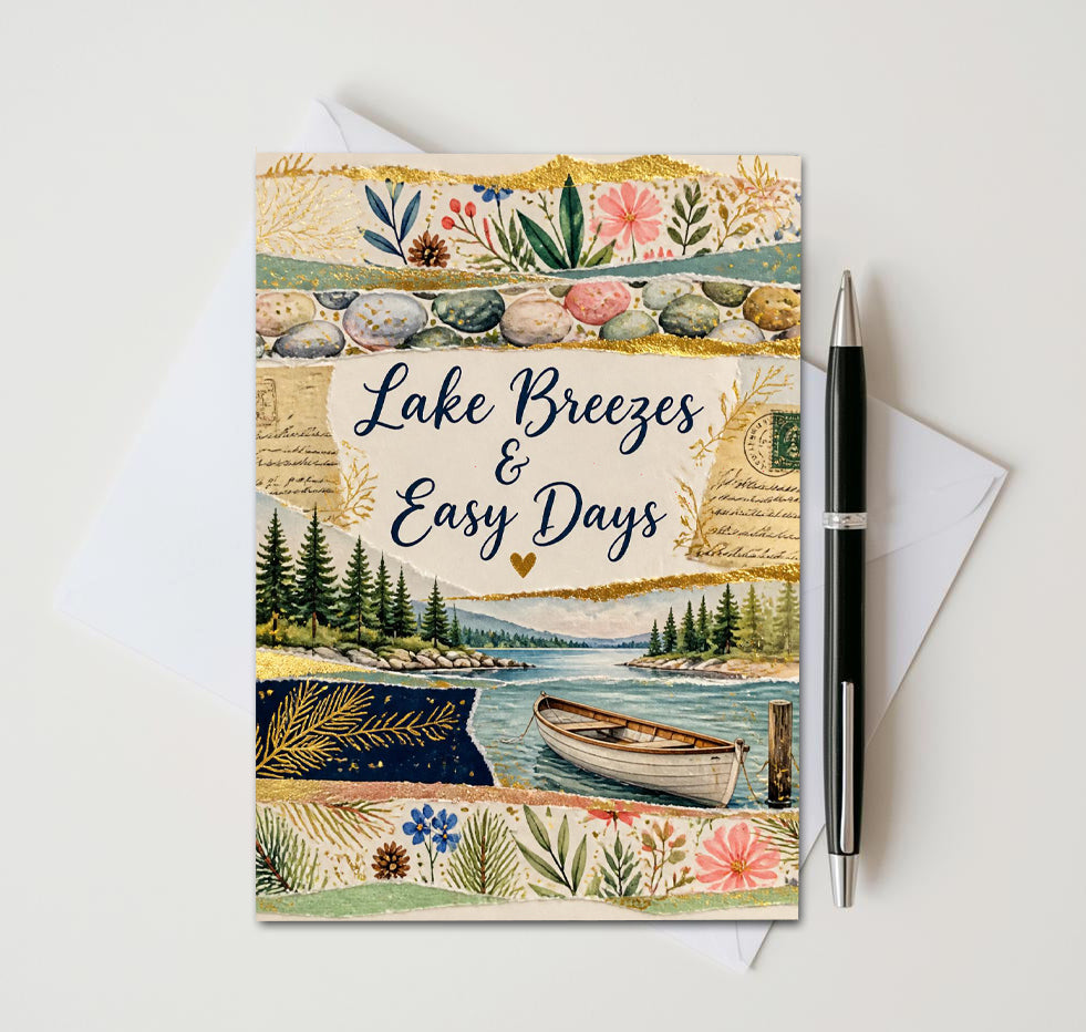Lake Breezes & Easy Days Note Card, Handmade 5x7 Cottage Nature Greeting Card