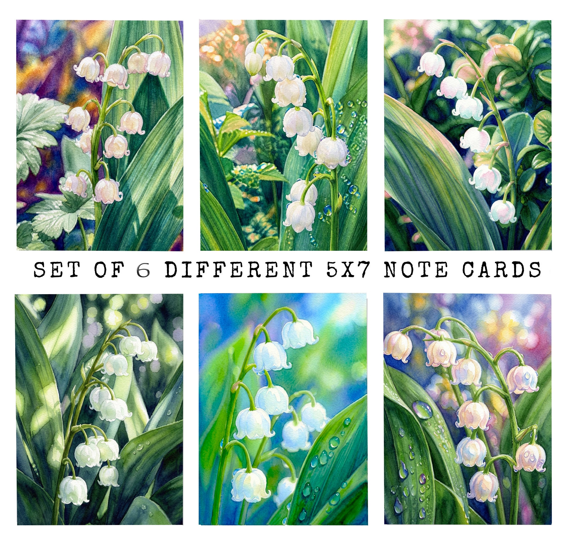 Lily Of The Valley Note Cards, 6 Different Handmade 5x7 Botanical Greeting Cards