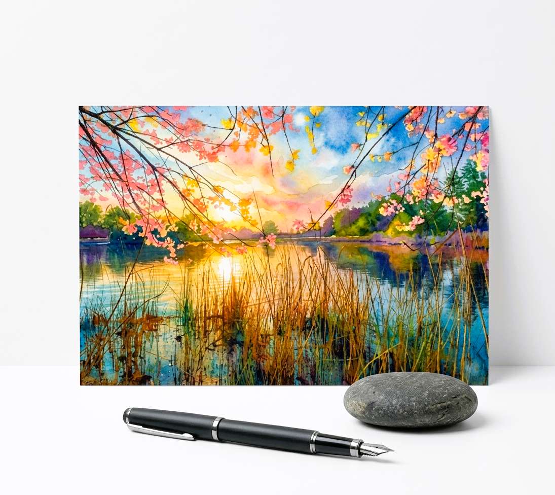 Scenic note card of a lake with cherry blossoms and a pen in front