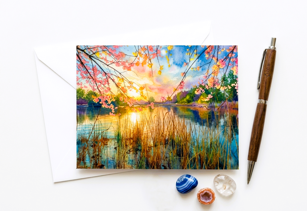 Greeting card with a colorful landscape of a lake and trees, next to a pen and small stones on a white background.