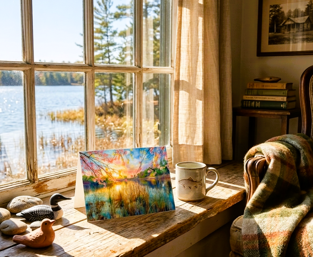 Cozy room with a large window view of a lake, a note card of a sunset over water, and a mug on a windowsill.