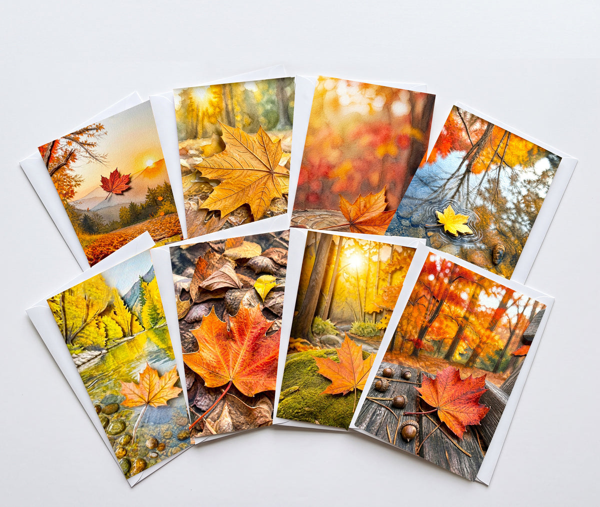 Fall Maple Leaf Note Cards Set of 8, Autumn Foliage Blank 5X7 Greeting Cards, Scenic Woodland Nature Stationery, Thanksgiving Gift Pack