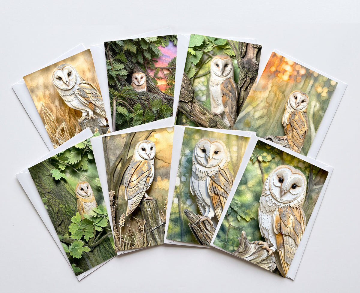 Barn Owl Note Cards Set of 8, Woodland Wildlife Blank 5X7 Greeting Cards, Majestic Bird Stationery, Nature Lover Gift  Pack