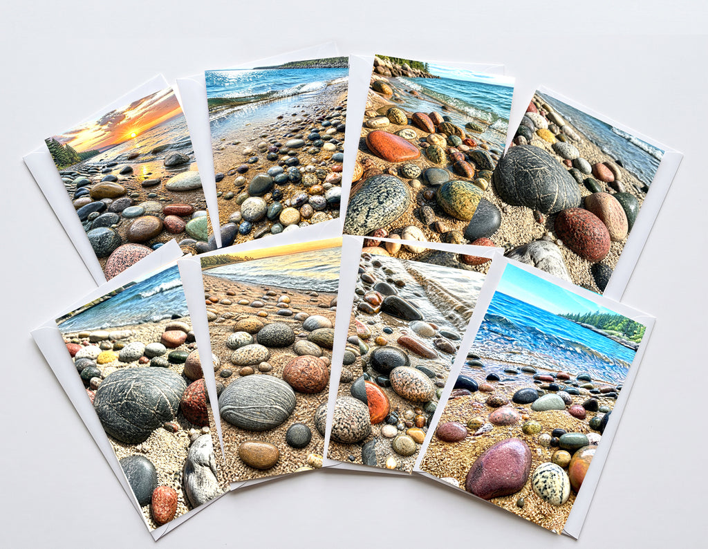 Lake Superior stone note card set with sunlit beach pebbles
