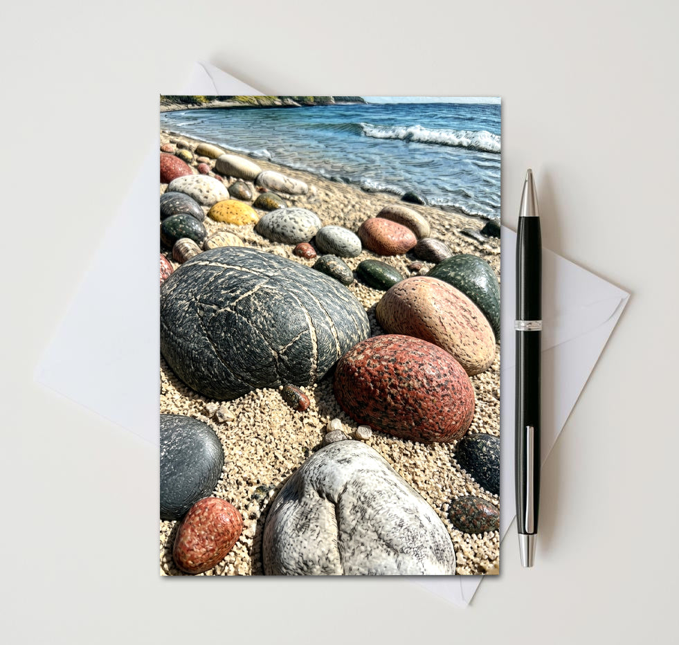 Smooth wet shoreline rocks on a Lake Superior note card
