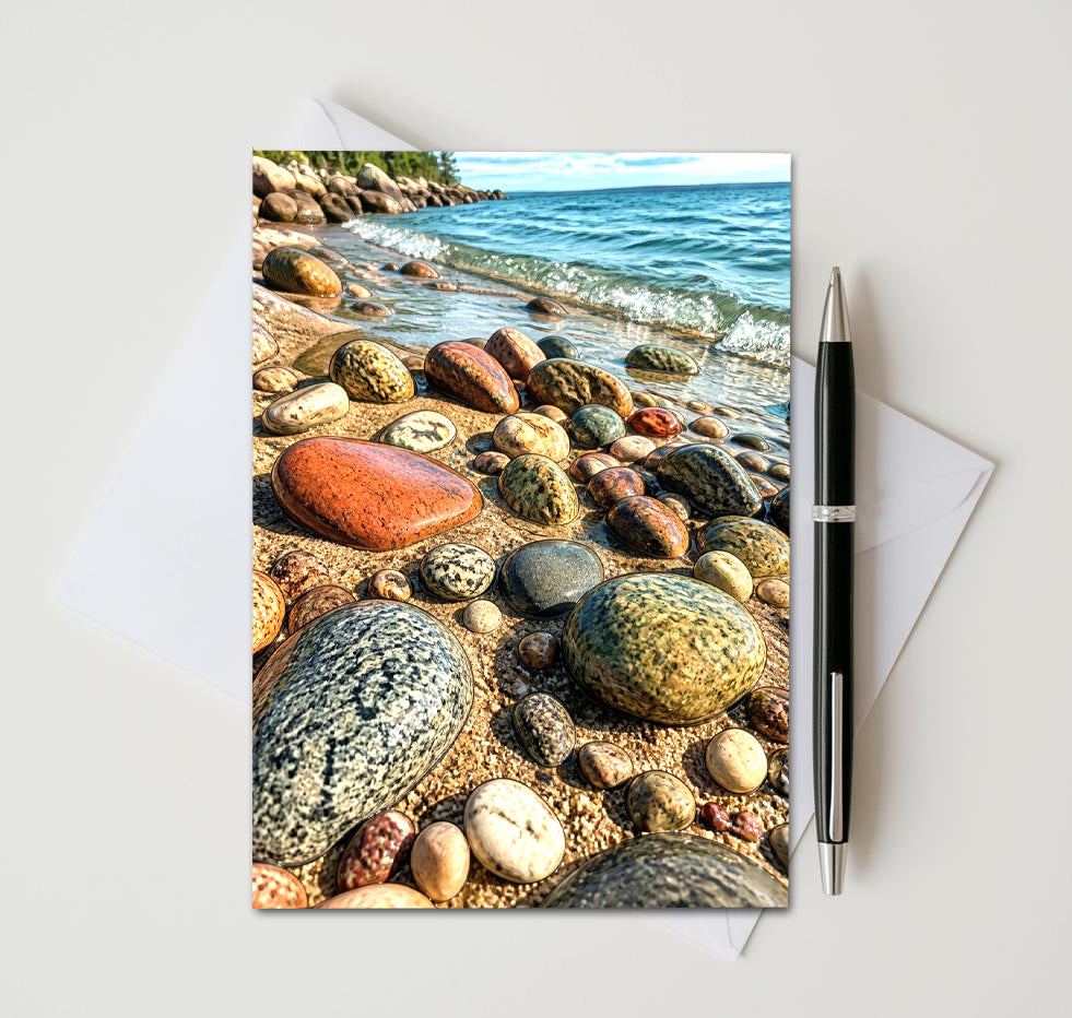 Great Lakes beach pebble greeting card with gentle water ripples
