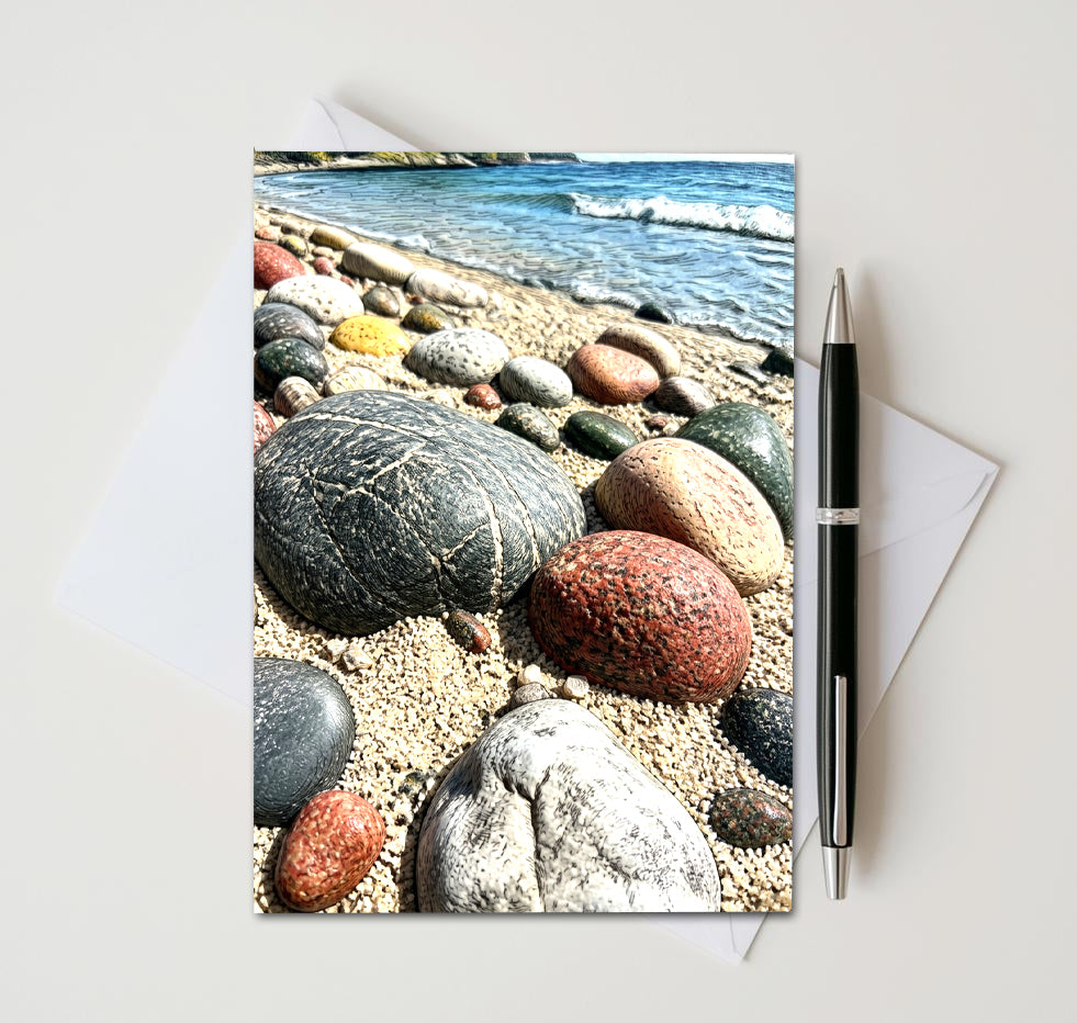 Great Lakes nature greeting card with smooth shoreline stones
