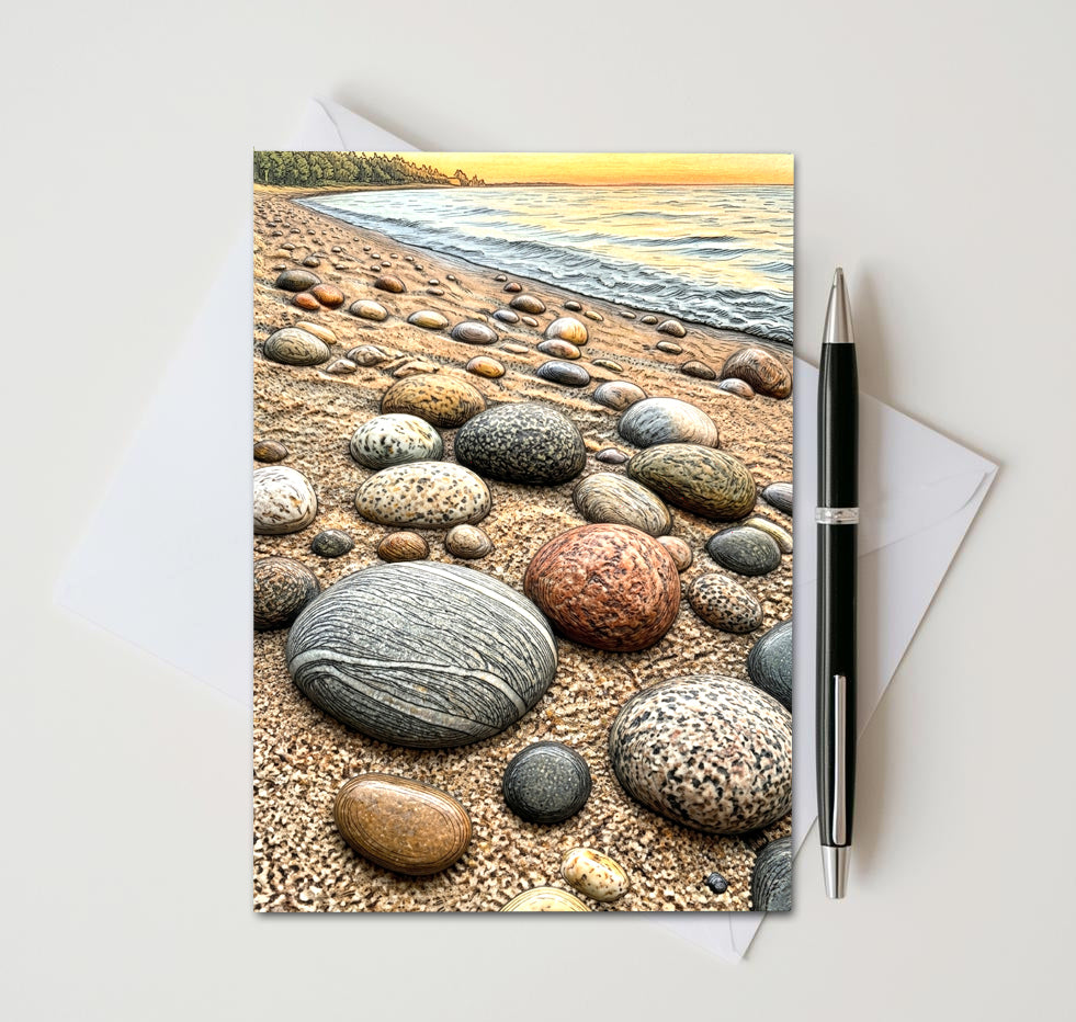 Lake Superior pebble note card with tranquil water
