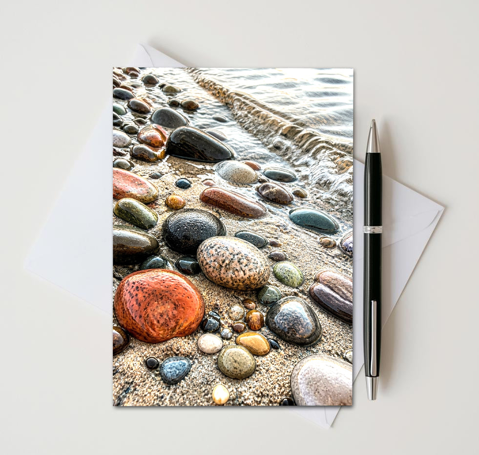 Beachcomber stationery featuring sunlit stones by the lake
