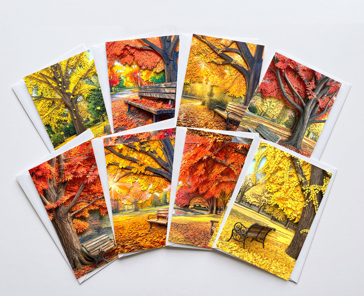 Autumn Tree Note Cards Set of 8, Fall Park Bench Blank 5x7 Greeting Cards, Scenic Foliage Nature Stationery, Cozy Autumn Gift