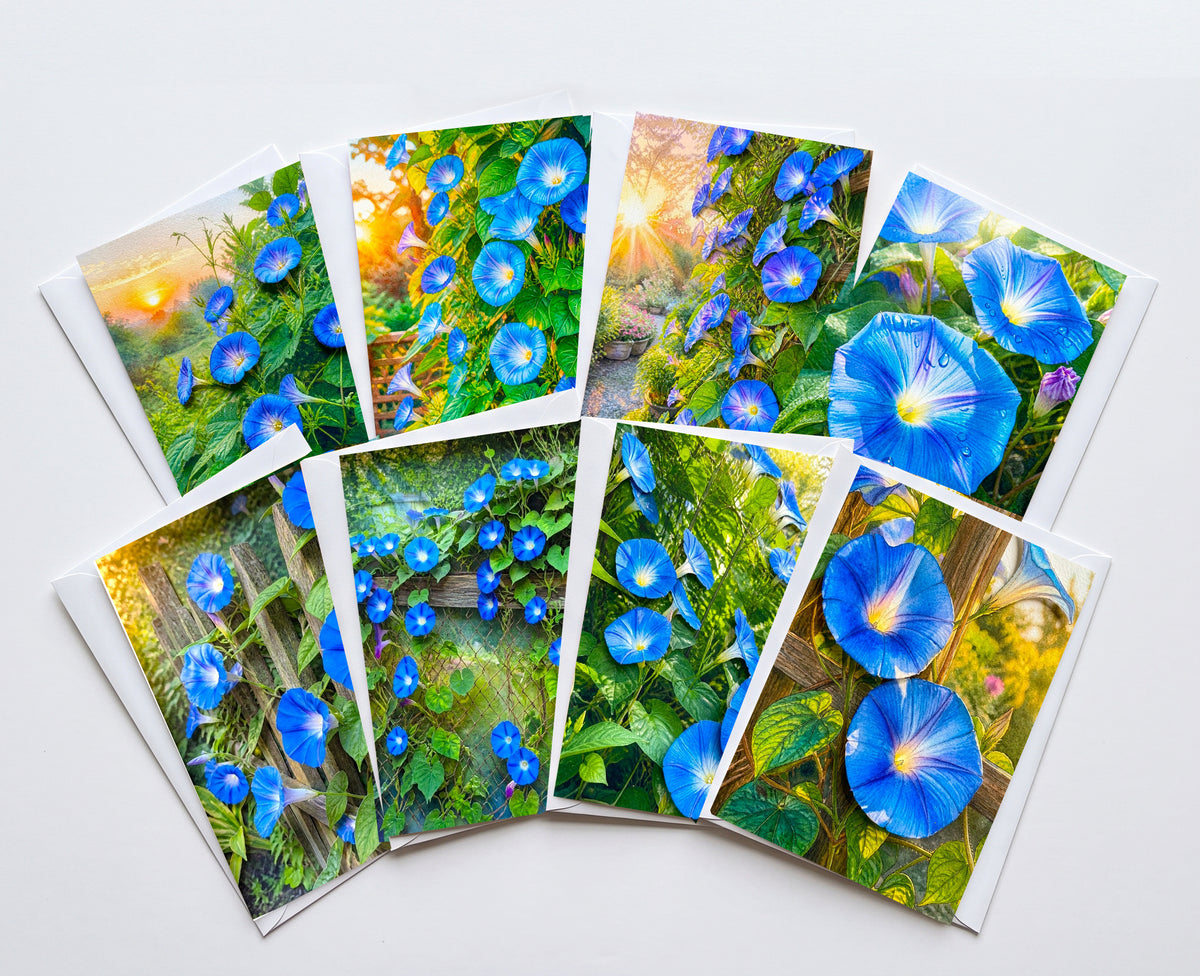 Morning Glory Note Cards Set of 8, Blue Floral Vine Blank 5x7 Greeting Cards, Garden Botanical Stationery, Nature Flower Lover Gift Pack