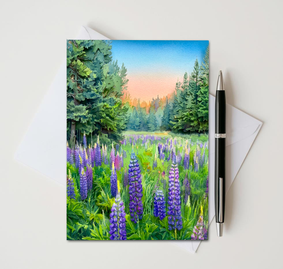 Lupine Field Note Card, Handmade 5x7 Great Lakes Nature Greeting Card