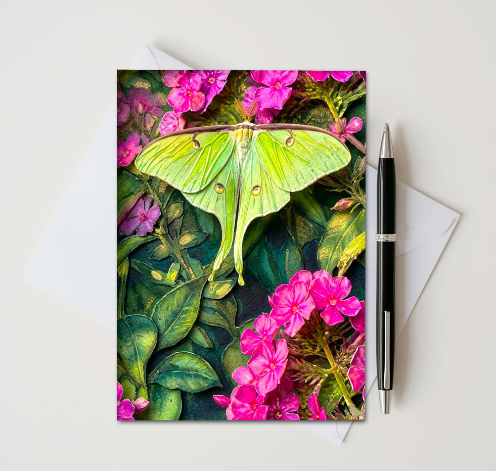Cottagecore luna moth greeting card with flowers
