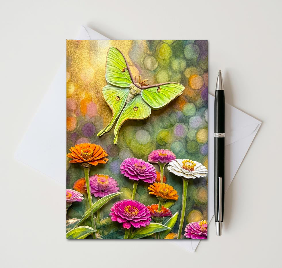 Handmade botanical stationery featuring a luna moth
