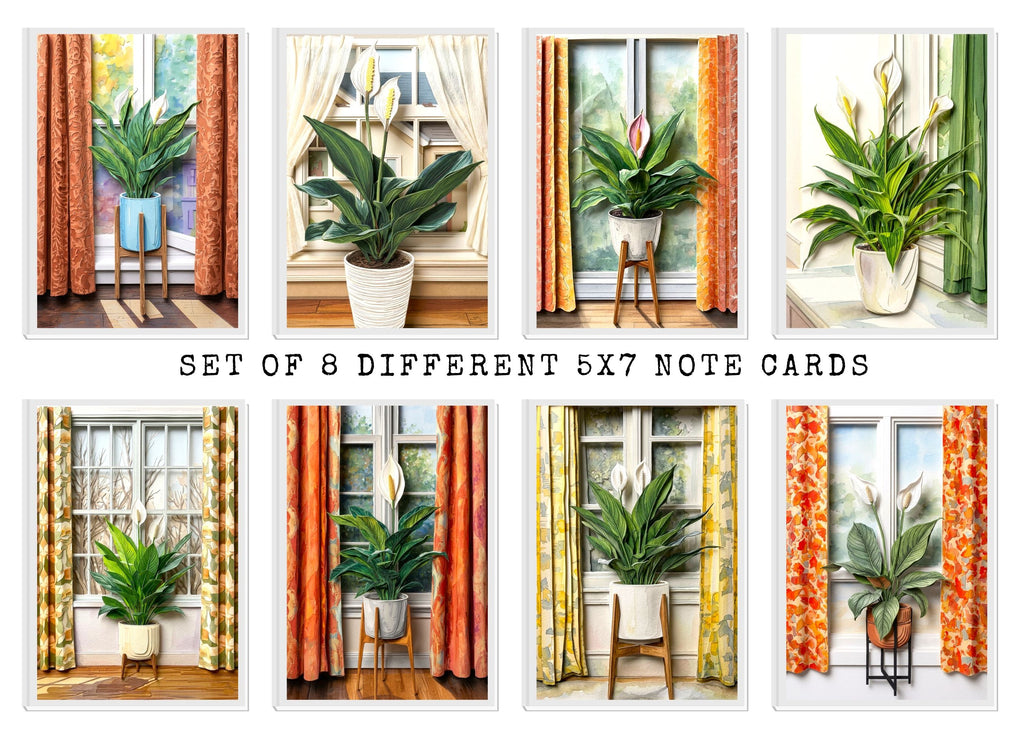 Set of 8 different 5x7 note cards featuring plants and curtains.