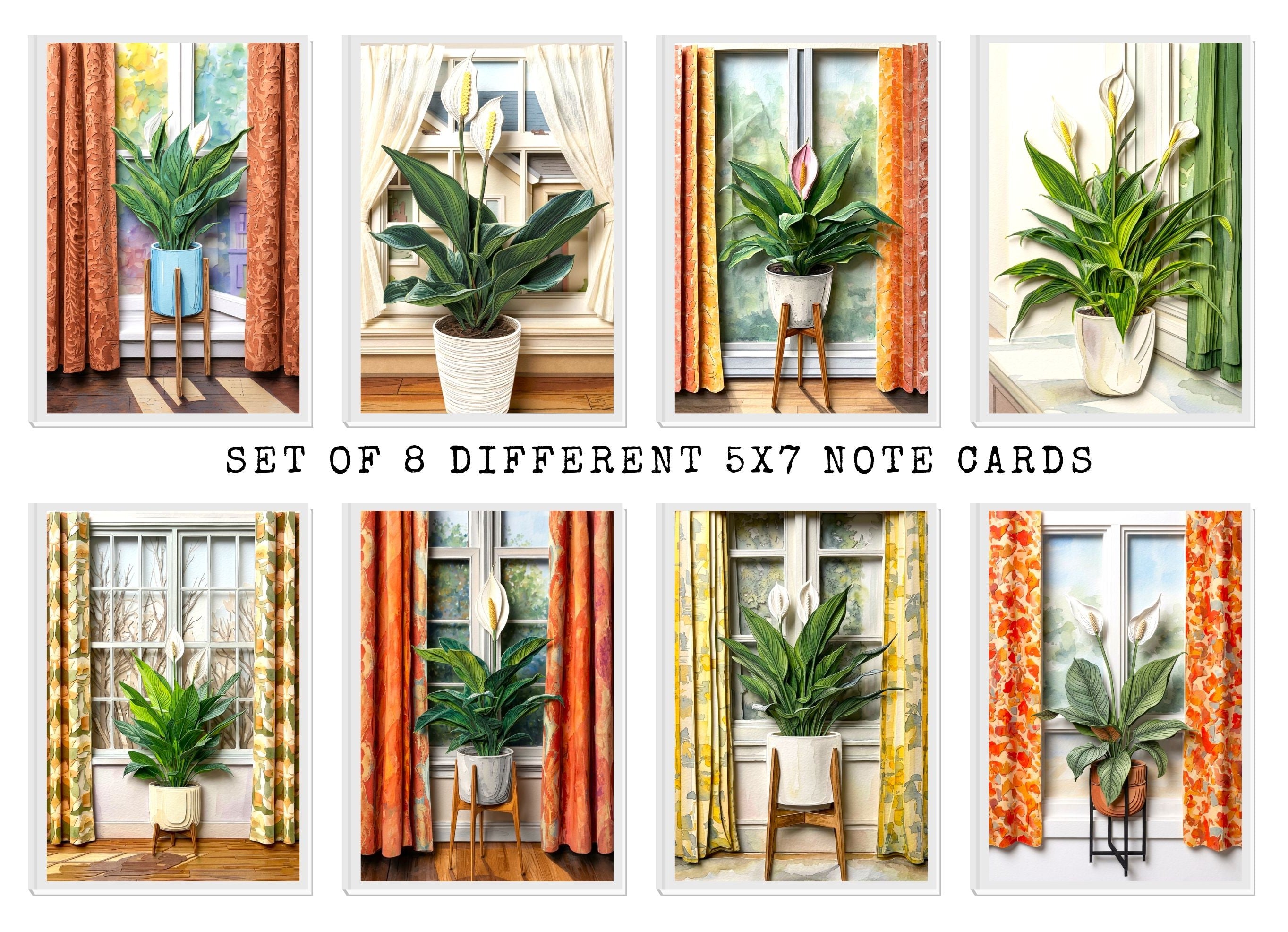 Set of 8 different 5x7 note cards featuring plants and curtains.
