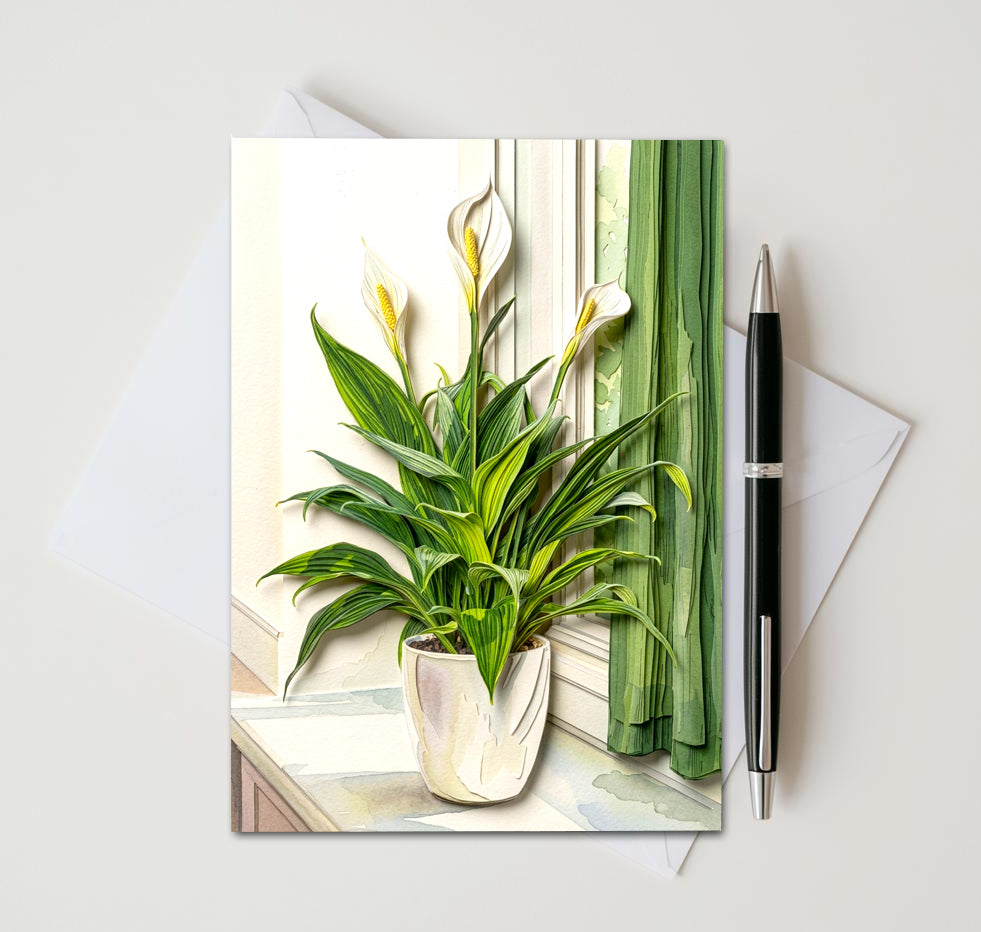 Note card with a peace lily plant in front of a window as subject. Card sitting on white surface with a pen next to card and envelope
