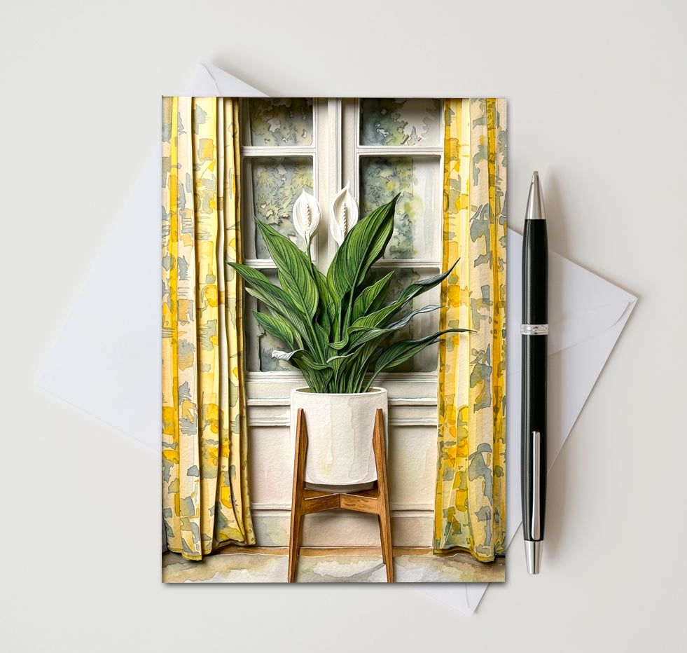 Note card with a peace lily plant in front of a window as subject. Card sitting on white surface with a pen next to card and envelope