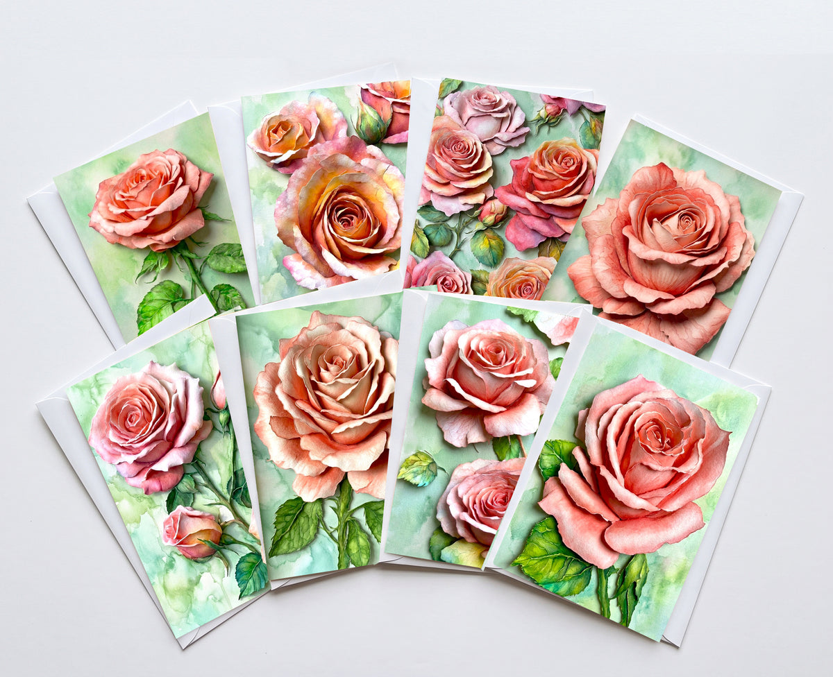 Peach Rose Note Cards Set of 8, Vintage Floral Blank 5X7 Greeting Cards, Botanical Garden Stationery, Romantic Flower Lover Gift Pack