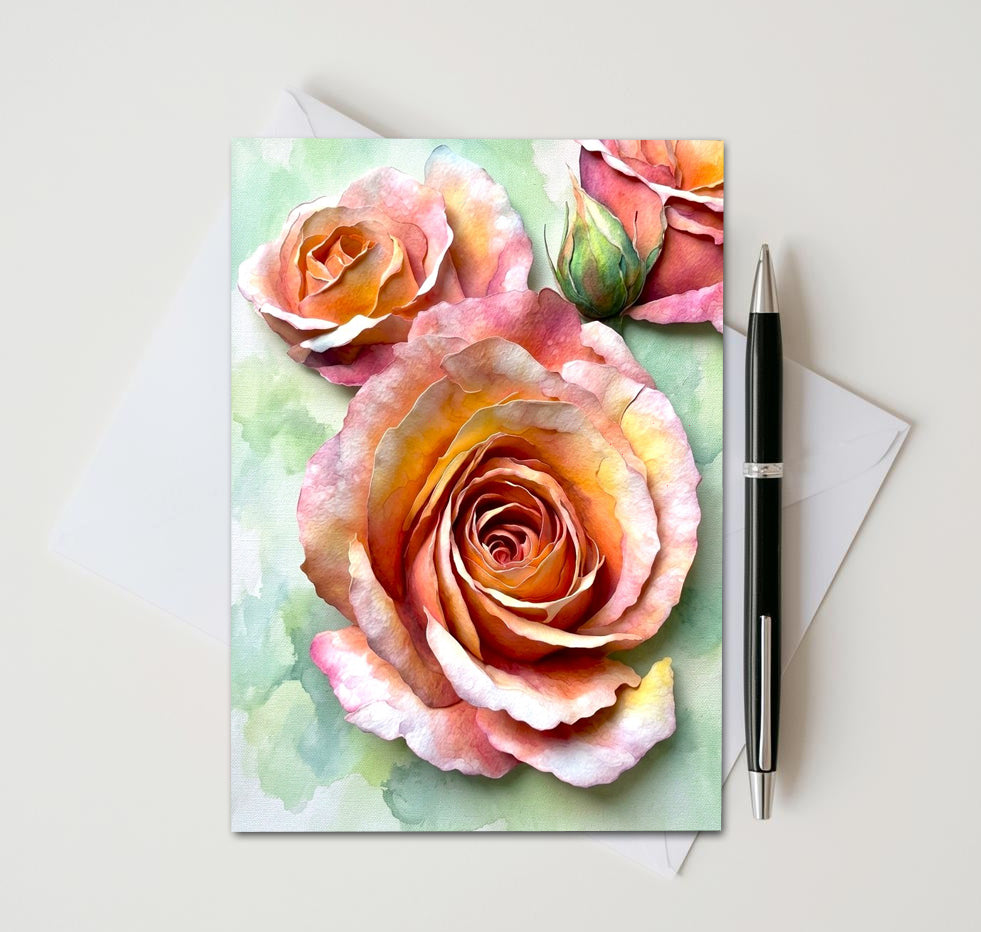 Peach Rose Note Cards Set of 8, Vintage Floral Blank 5X7 Greeting Cards, Botanical Garden Stationery, Romantic Flower Lover Gift Pack