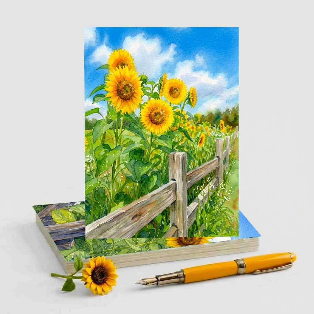 Sunflower Fence Note Cards, Set Of 8 Handmade 5x7 Summer Floral Greeting Cards