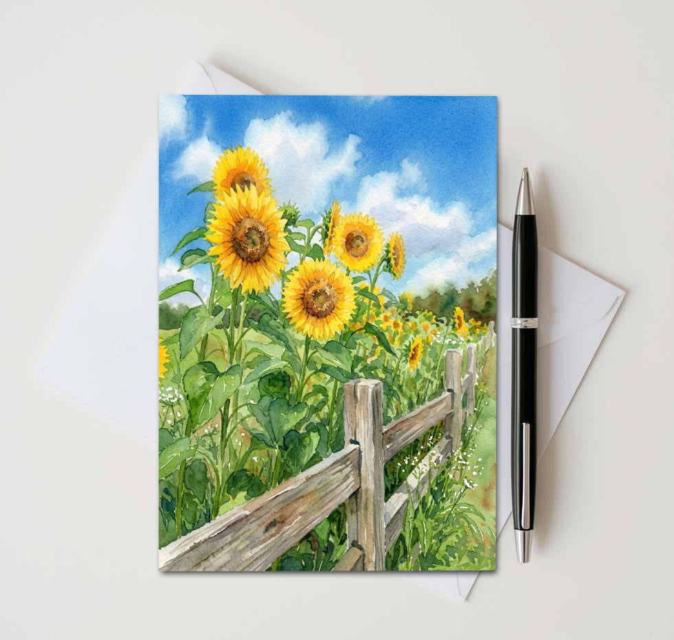Sunflower Fence Note Cards, Set Of 8 Handmade 5x7 Summer Floral Greeting Cards