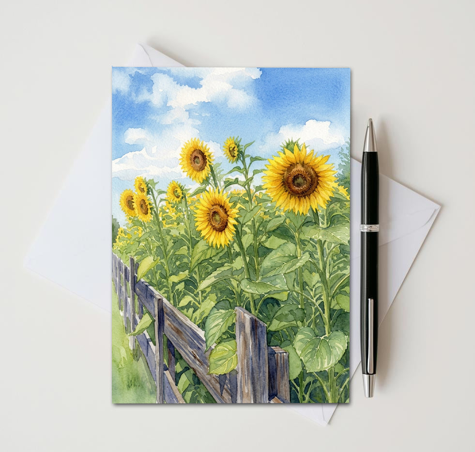 Sunflower Fence Note Cards, Set Of 8 Handmade 5x7 Summer Floral Greeting Cards