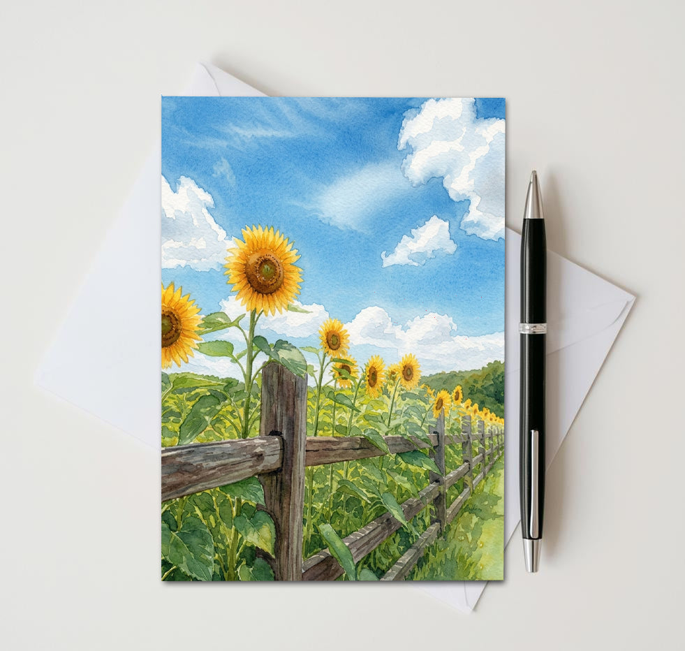 Sunflower Fence Note Cards, Set Of 8 Handmade 5x7 Summer Floral Greeting Cards