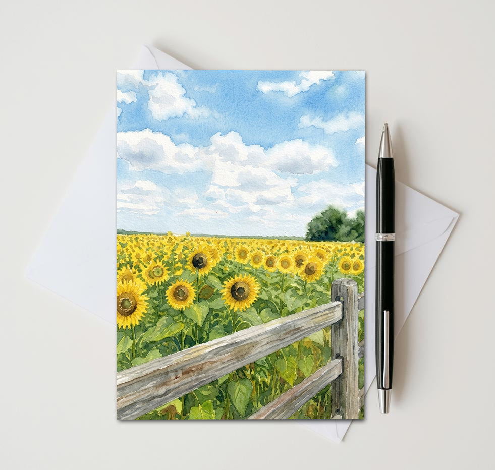 Sunflower Fence Note Cards, Set Of 8 Handmade 5x7 Summer Floral Greeting Cards