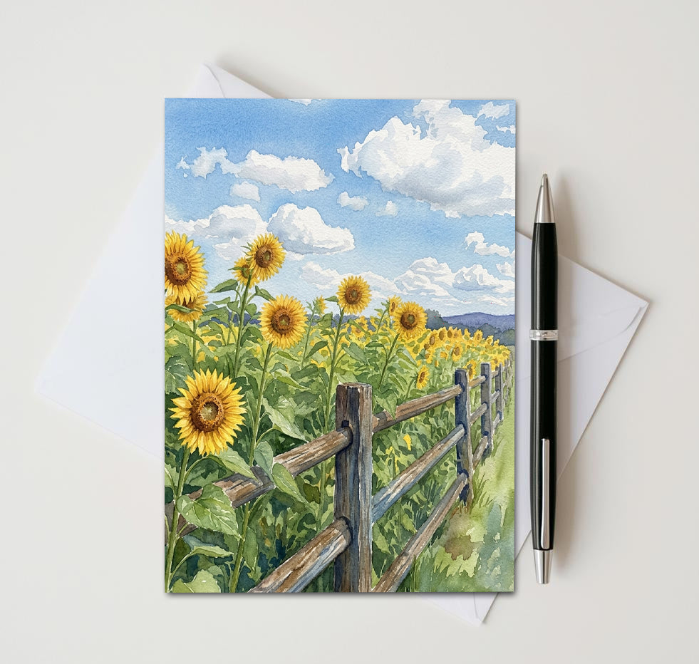 Sunflower Fence Note Cards, Set Of 8 Handmade 5x7 Summer Floral Greeting Cards