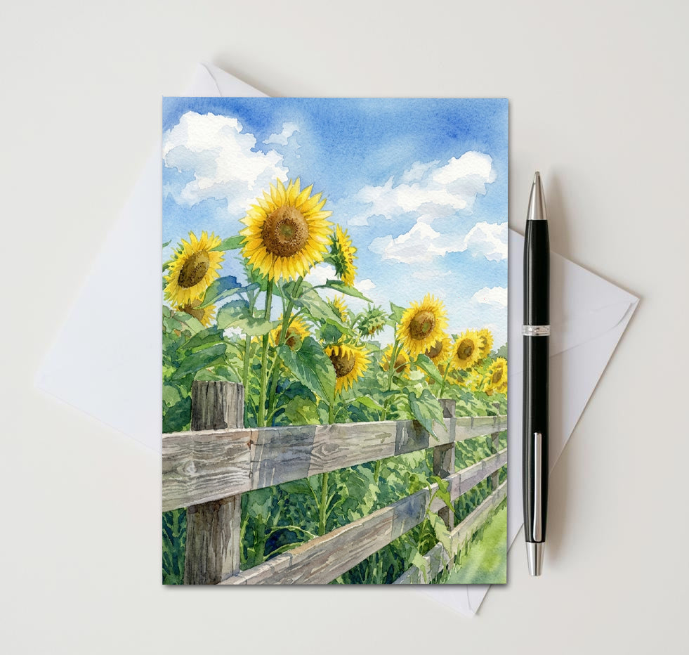Sunflower Fence Note Cards, Set Of 8 Handmade 5x7 Summer Floral Greeting Cards