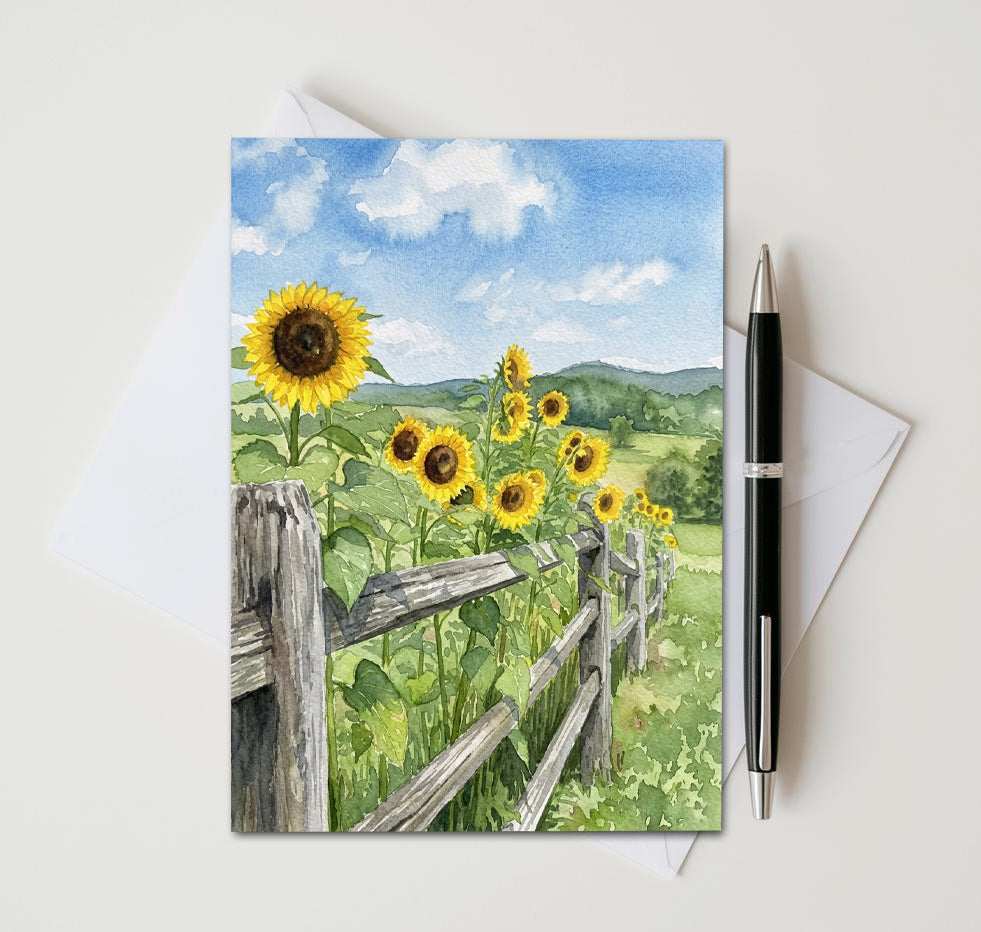 Sunflower Fence Note Cards, Set Of 8 Handmade 5x7 Summer Floral Greeting Cards