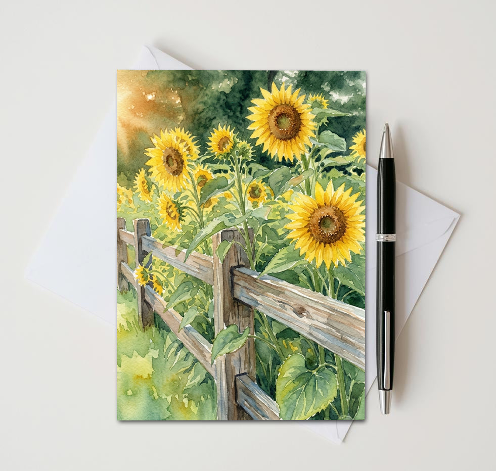 Sunflower Fence Note Cards, Set Of 8 Handmade 5x7 Summer Floral Greeting Cards