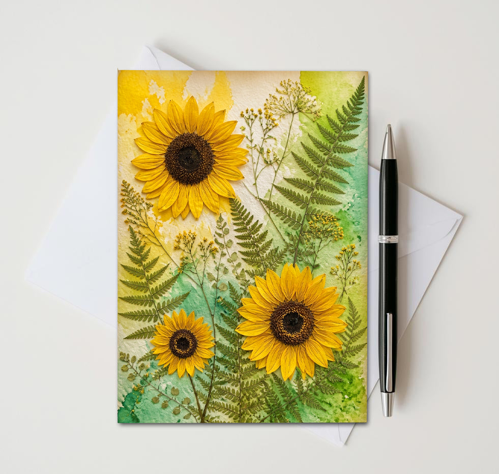 Sunflowers & Botanical Ferns Note Card, Handmade 5x7 Nature Greeting Card