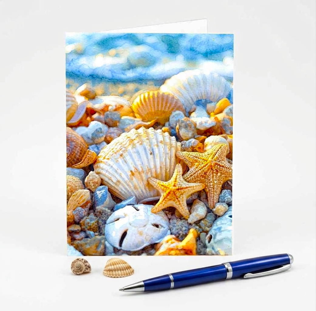 Note Card with seashells and starfish in watercolor. Blue pen and tiny seashells in front of card