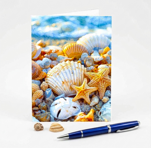 Note Card with seashells and starfish in watercolor. Blue pen and tiny seashells in front of card