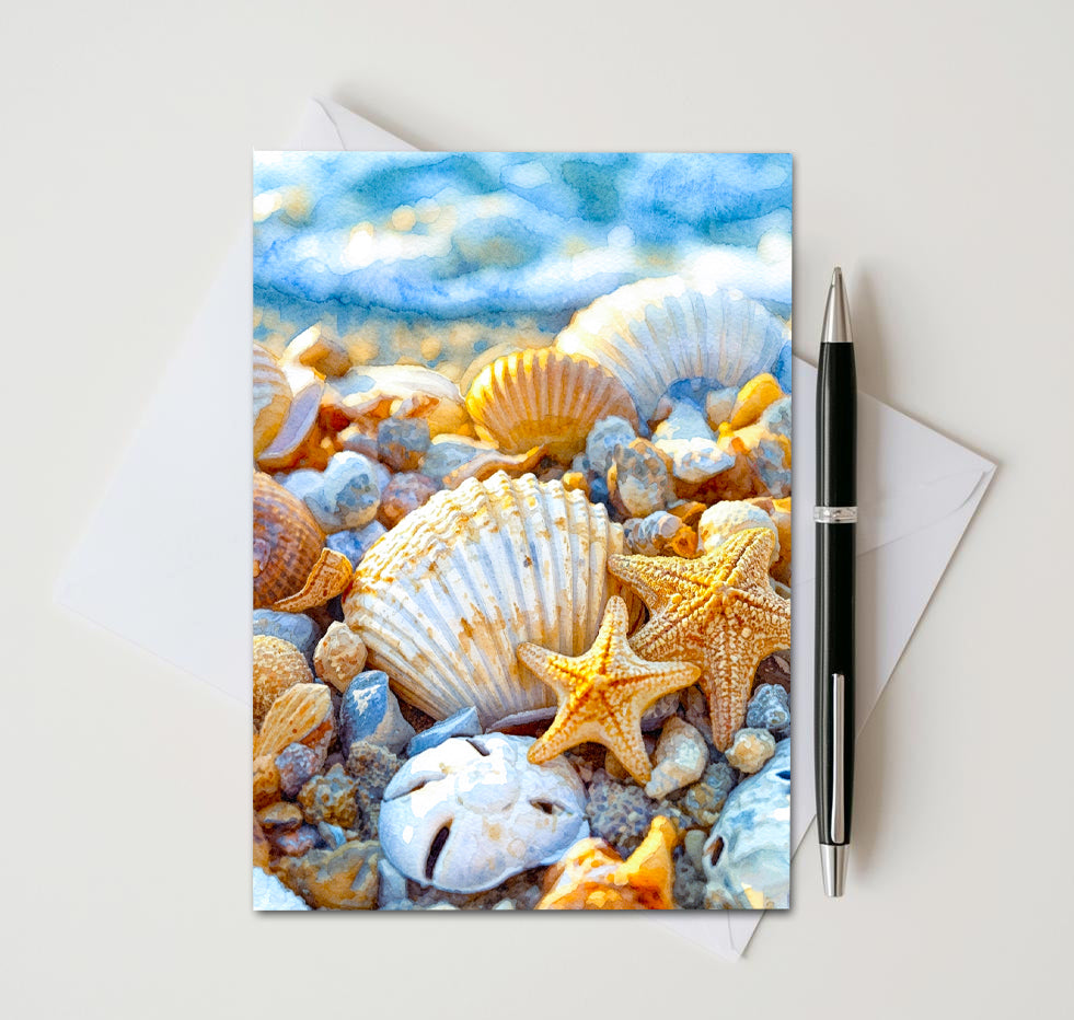 another photo of same seashell note card ith enveope and black pen