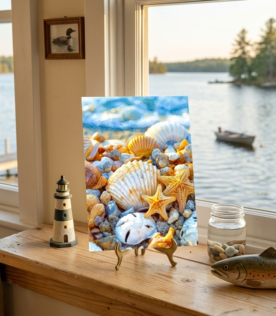 same seashell note card, sitting on windowsill with lake in background
