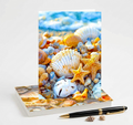 Seashell Note Card Set featuring seashells and starfish on a white background, pen and tiny shells in front of cards